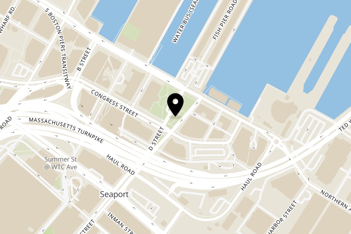 Map showing the location of Larry J's BBQ Cafe on 600 D St in Boston